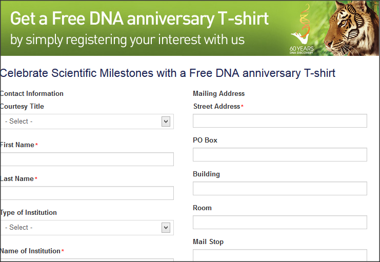 Get a Free DNA anniversary Tshirt  for Registering at Life Technologies