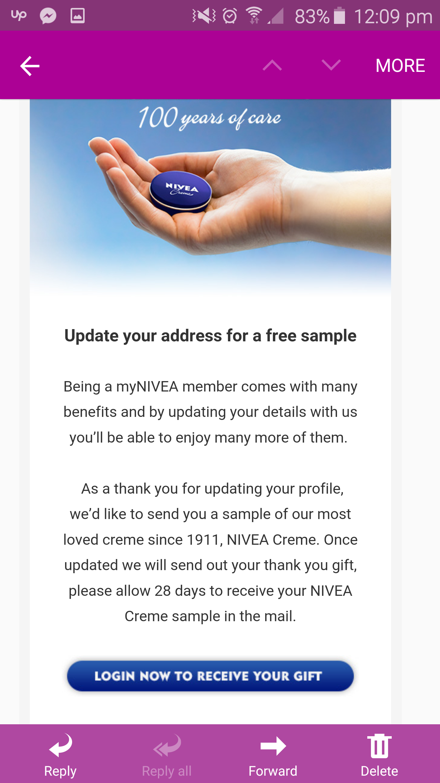 Free nivea cream sample if you update your address